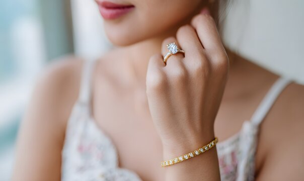 fashion girl posing with diamond ring and gold bracelet