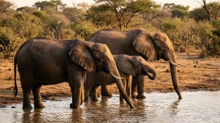 Naklejka premium Three Elephants Drinking at Waterhole in Natural Savanna Landscape