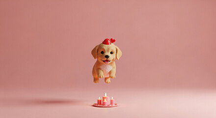 Naklejka premium Wide angle showing the environment Minimalist 3D render of A cute Golden Retriever puppy floating gently against a solid pastel background for Valentine's Day