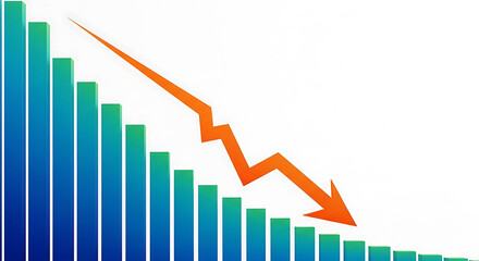 Blue green bar graph with orange arrow pointing down on white background chart bars