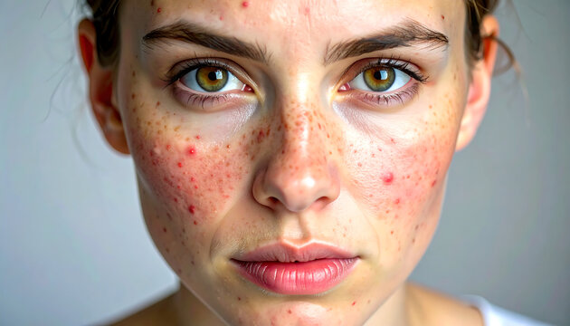 Detailed portrait of a young woman's face, displaying natural skin with visible acne, red blemishes, and numerous freckles, highlighting common skin concerns and authentic beauty