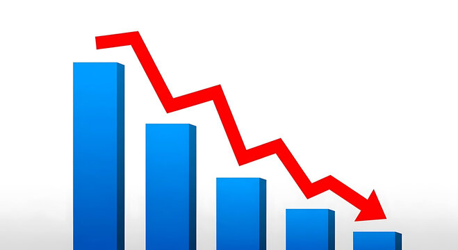 Blue bar graph with descending red arrow against white background chart down - Powered by Adobe
