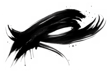 Abstract black ink brush stroke creating expressive paint texture element with splatter on transparent background