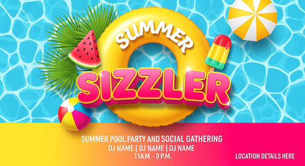 Yellow inflatable ring with S I Z L E R text and summer party elements pool