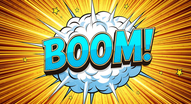 Comic book explosion with blue text B O M and yellow radial background boom sound