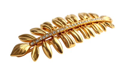 A gold-colored leaf-shaped accessory with diamonds set in the center, likely a brooch or hair piece, shown against a solid black background