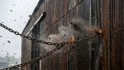 Powerful abrasive blast aggressively strips away layers of weathered decay from an old wooden structure during industrial cleaning