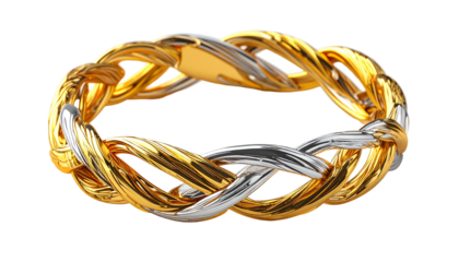 A close-up view presents a two-toned ring with interwoven, braided strands of gold and silver-colored metal