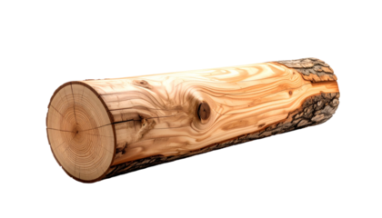 A close-up view of a sawn log on a black background. The wood exhibits visible grain and bark on one end
