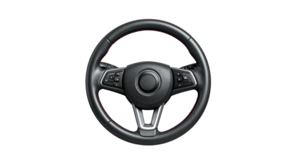 A close-up view of a modern black steering wheel with silver accents and red stitching, isolated on a black background
