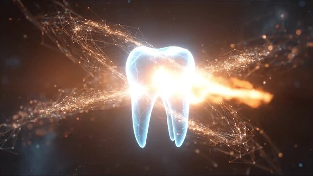 Blue, tooth-shaped glowing orb carved from light, orbiting electric orange stellar threads in space