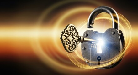 A vintage padlock with a key in a glowing, swirling background.