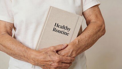 elderly Person holding a "Healthy Routine" book to chest, active aging concept