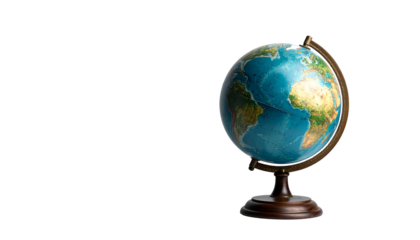 A close-up studio shot presents a detailed geographic globe, set against a stark, black backdrop emphasizing the terrestrial sphere