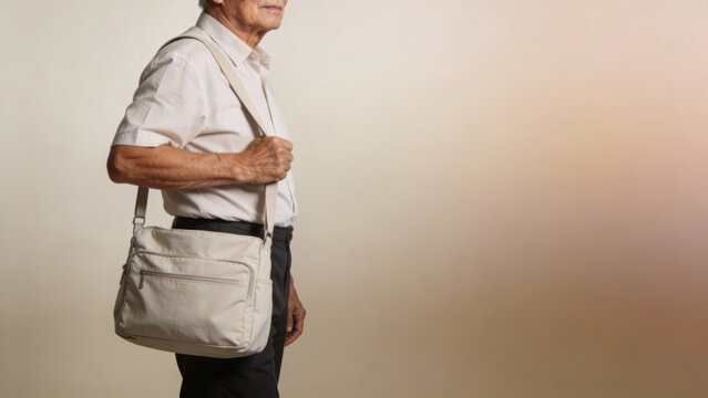 Elderly man carrying a shoulder bag against a neutral beige background, active aging concept