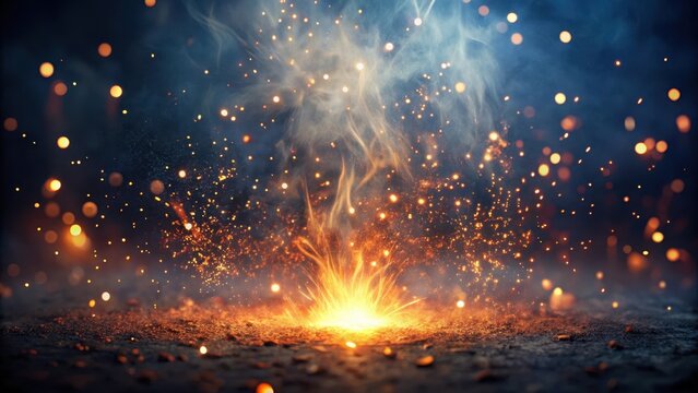 Softly glowing sparks from a fire float in mid-air, blurring into a hazy mist, against a dark and mysterious background, evoking an ethereal atmosphere , nighttime, darkness