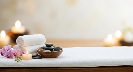 A serene spa setting with a white towel, rolled towels, a bowl of stones, and a candle.
