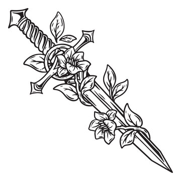 illustration art hand darwn sword with a flower wrap aroun the sword