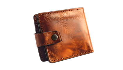 A close-up shot of a textured brown leather wallet with a snap closure. The wallet is slightly angled, suggesting depth