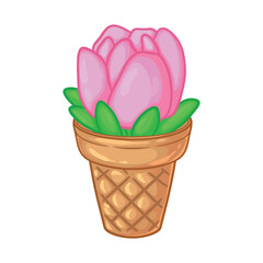 illustration art hand drawn tulip flower on ice cream cone cute sticker design