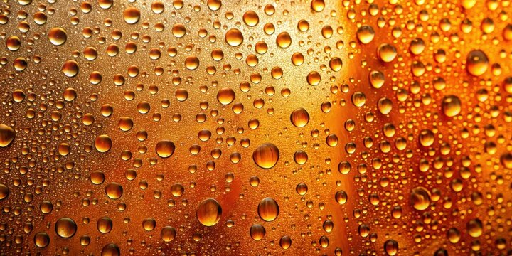 Close-up of water drops on an orange background with bubbles on window glass surface, curvature, glossy,  curvature