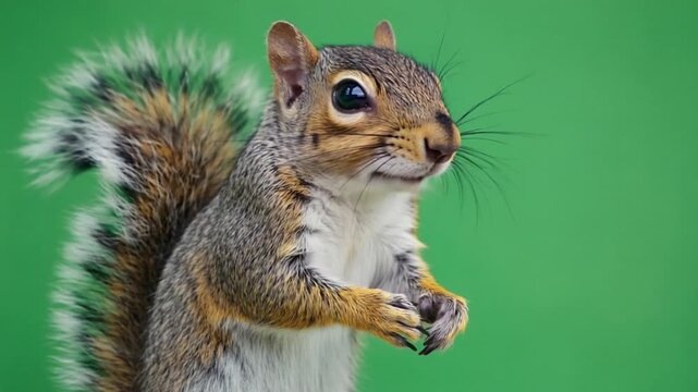 Adorable squirrel standing on hind legs against green background