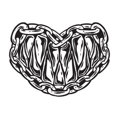 monster teeth with love chain black and whitr illustration tattoo design