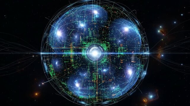 Futuristic sphere with glowing grid and light, set against a starfield.