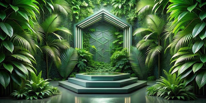 Geometric shapes meet nature, a futuristic podium surrounded by lush green leaves with intricate patterns and textures