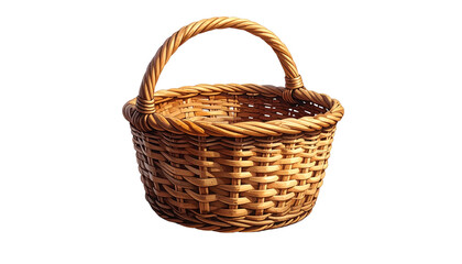 Obraz premium A close-up illustration of a handcrafted, circular woven basket with a sturdy handle, showcasing natural brown tones. It rests on a solid black background
