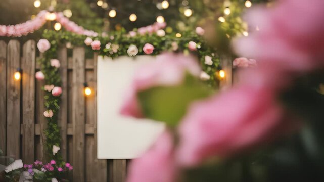 Garden Party Decor with Pink Roses and String Lights on a Wooden Fence Mockup
