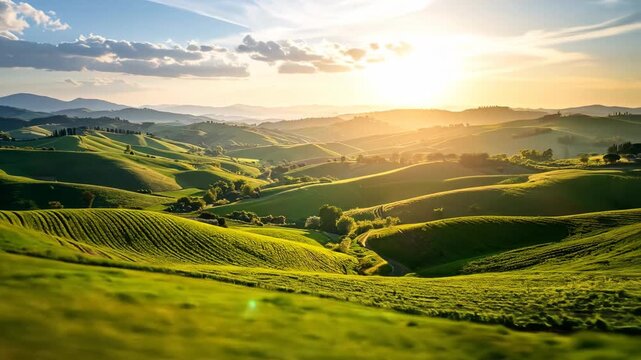 Rolling green hills stretch under a warm, sunny sky, creating a peaceful and scenic vista.