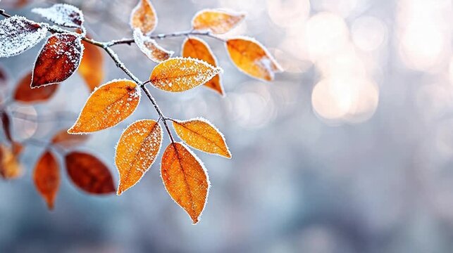 Frost covered autumn leaves