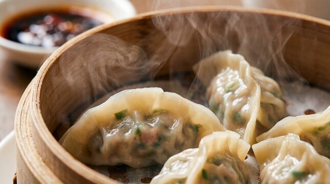 Delicious hot and steaming Chinese dumplings (Jiaozi) served fresh in a traditional bamboo steamer basket, close-up view of authentic Asian dim sum appetizer.