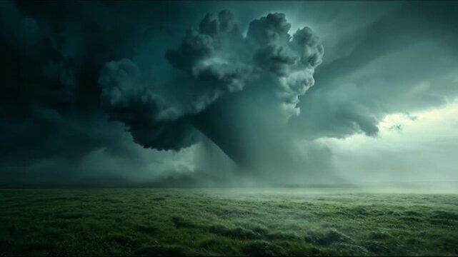 Dark storm clouds loom over a wide grassy plain; a funnel-like column nears the ground, ominously.!!