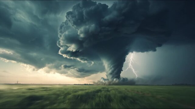A violent tornado spins over a flat field beneath a dramatic, stormy sky with lightning and thunder