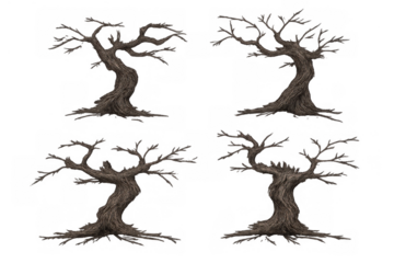 Twisted leafless dead trees with gnarled branches, spooky halloween horror forest element on transparent background