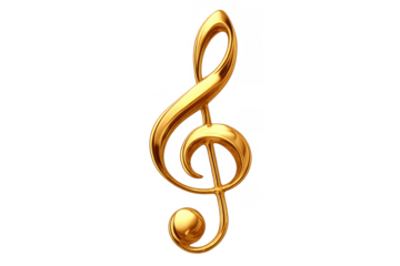 Golden treble clef 3d rendering representing music, melody, sound, and artistic expression on transparent background
