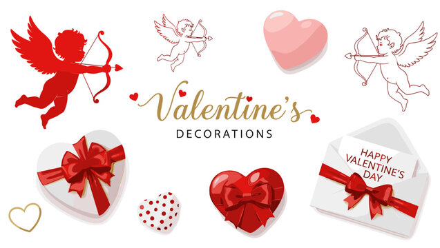 Valentines Day decoration set with cupids heart shaped gift boxes red ribbon envelope and romantic icons isolated on white background