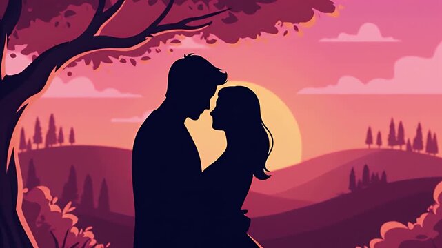 Flat animated couple embracing under stylized tree silhouette against romantic sunset