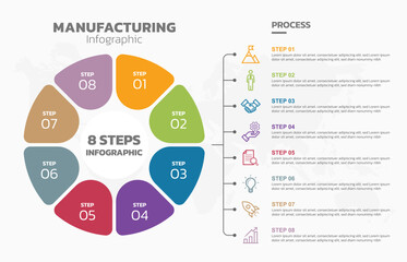 Visual data presentation. Cycle diagram with 8 options. Pie Chart Circle infographic template with 8 steps, options, parts, segments. Business concept. Marketing infographic vector illustration.