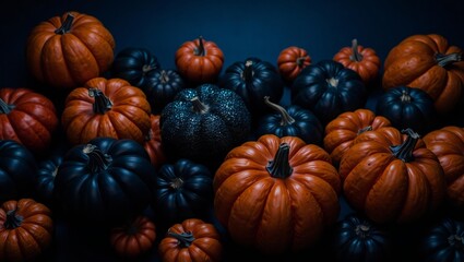 Dark halloween night harvest collection of orange pumpkins and gourd accents festive autumn mood