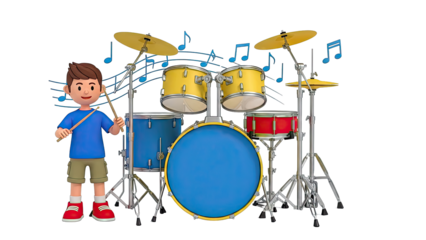 Cartoon Boy Playing Drums with Musical Notes