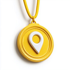 golden medal-shaped pendant with location pin icon. Modern jewelry accent conveying achievement, celebration, or gift-worthy style for any ens