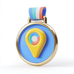 golden medal-shaped pendant with location pin icon finished with colorful ribbon. Modern jewelry accent conveying achievement, celebration, or gift-worthy style for any ens