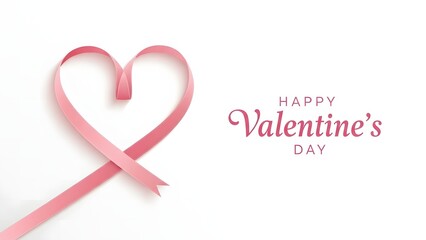 Happy Valentines day greeting card with pink heart ribbon on white background