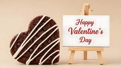 Chocolate heart shaped cookie and happy valentines day sign on easel