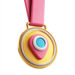 golden medal-shaped pendant with location pin icon finished with a pink ribbon. Modern jewelry accent conveying achievement, celebration, or gift-worthy style for any ens