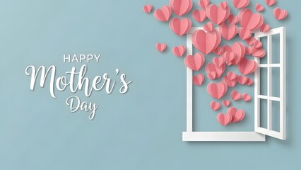 Happy mothers day greeting card with pink hearts flying out of window on blue background