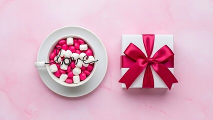 Valentine&rsquo;s Day Gift Box with Heart Candies on Pink Background